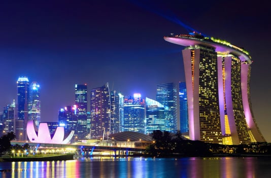 Singapore at night with the Marina Bay Sands in the background