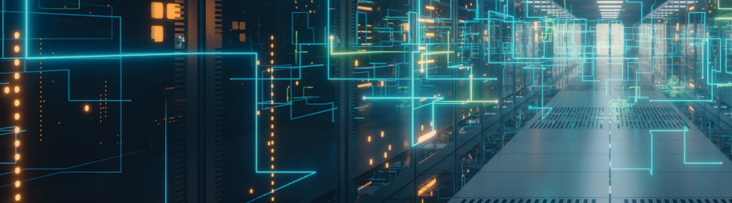 Ambient digital landscape with different fluorescent lines set on top of a data center background