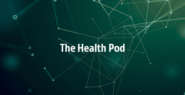 Yellow geometric lines in green background with text "The Health Pod"